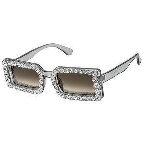 Look at Me Now Slim Rectangular Sunglasses w/ Rhinestones on Black Frames & Lens